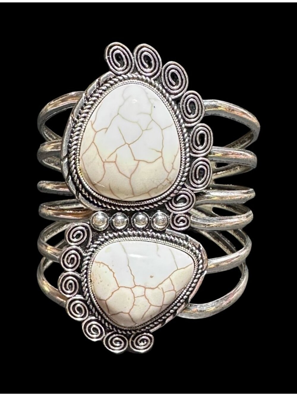 Boho Style Bangle Bracelet Hinged Back Silver Tone White Crackle Womens Jewelry